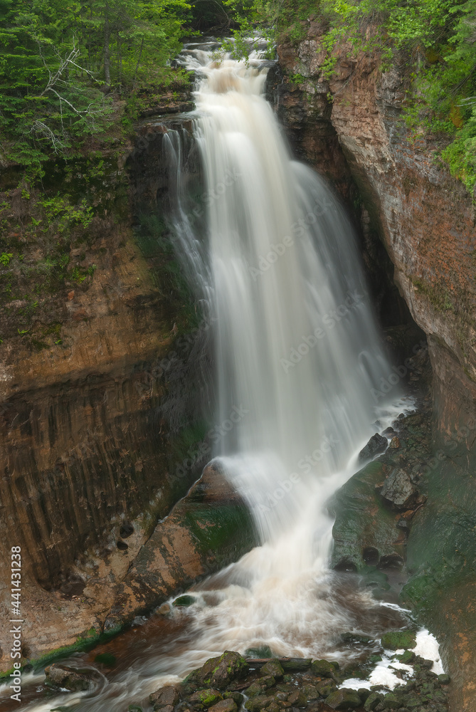 Summer landscape of Miner's Falls captured with motion blur, Pictured Rocks National Lakeshore, Michigan's Upper Peninsula, USA Summer landscape of Miner's Falls captured with motion blur, Pictured Rocks National Lakeshore, Michigan's Upper Peninsula, USA