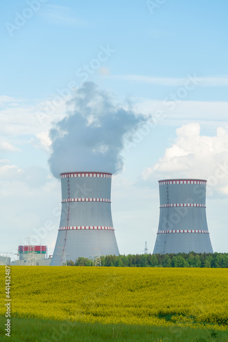 Foto Belarusian nuclear power plant in Ostrovets on a sunny summer day, Belarus 2021