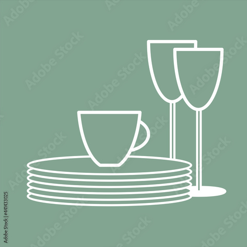 Minimalistic white plates, two glasses and a cup on green background.