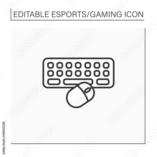 Technical equipment line icon. Keyboard and mice for playing video games. Online gaming tools. Cybersport concept. Isolated vector illustration.Editable stroke