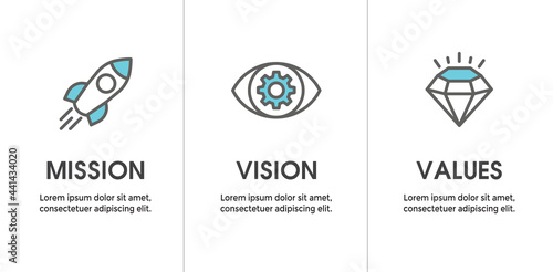 Mission Vision and Values Icon Set with mission statement, vision icon, etc