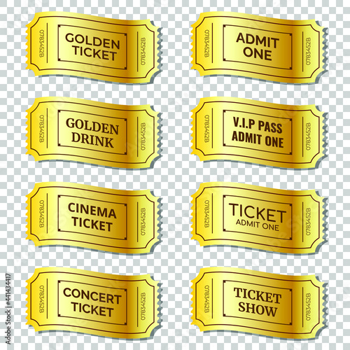 Set of Golden Ticket on transparent background