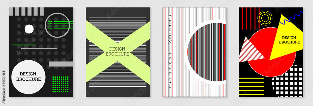 Set of cover design in Memphis style. Geometric design, abstract background. Fashionable bright cover, banner, poster, booklet. Creative colors. Set of cover design in Memphis style. Geometric design, abstract background. Fashionable bright cover, banner, poster, booklet. Creative colors.