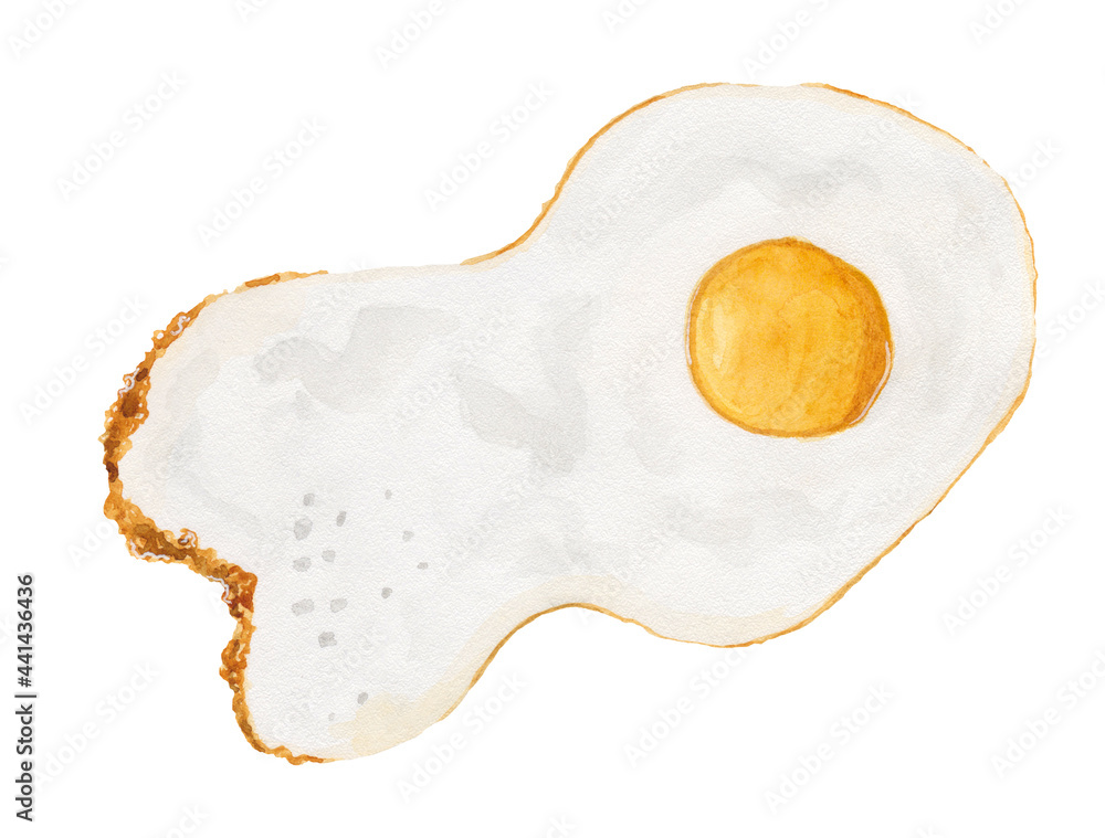 Fried egg close-up, scrambled eggs close-up. Fast food, breakfast, scrambled eggs. Watercolor illustration isolated on white background. Fried egg close-up, scrambled eggs close-up. Fast food, breakfast, scrambled eggs. Watercolor illustration isolated on white background.