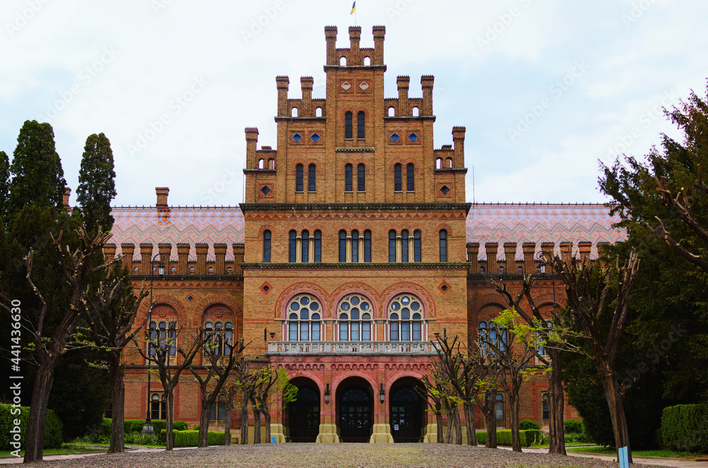 View of main building with front yard of Bukovinian and Dalmatian Metropolitans (Chernivtsi National University). UNESCO World Heritage Site. Famous touristic place and romantic travel destination