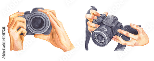 SLR camera with a lens in hand. Photography. Watercolor illustration isolated on white background. Set.