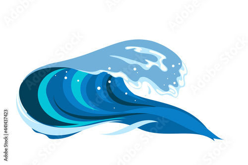 Tsumani wave in flat cartoon style. Big blue tropical water splash with white foam. Vector illustration isolated in white background