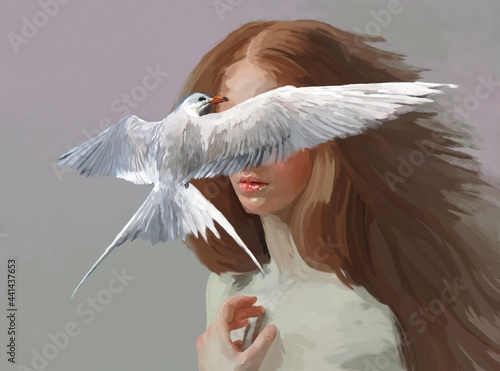 Malowana ilustracja kobiety i latającego ptaka