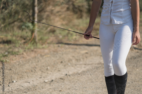 Crop horsewoman with whip on paddock photo
