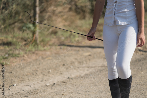 Crop horsewoman with whip on paddock