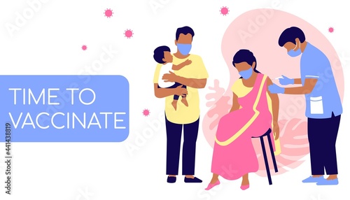 Time to vaccinate.  Vector illustration of vaccination of an Indian family in a pandemic. Immunization of the world's population. Stop the coronavirus. Doctor giving an injection to a woman. Banner