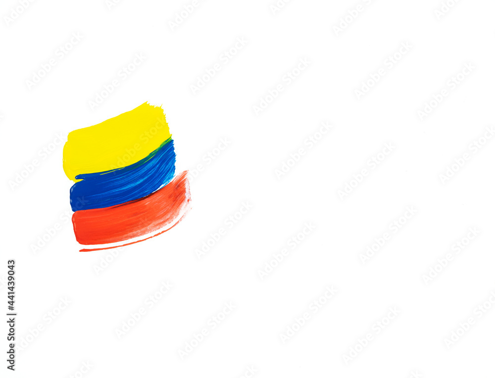 Fototapeta premium Painting on white background in yellow, blue and red colors. Copy space.