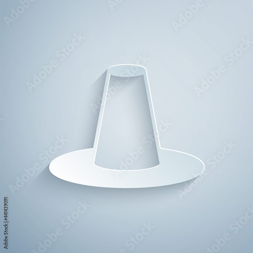 Paper cut Traditional korean hat icon isolated on grey background. Paper art style. Vector
