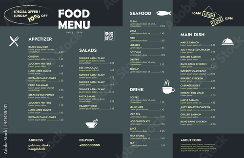 Restaurant cafe menu, template design. Single page food menu template.