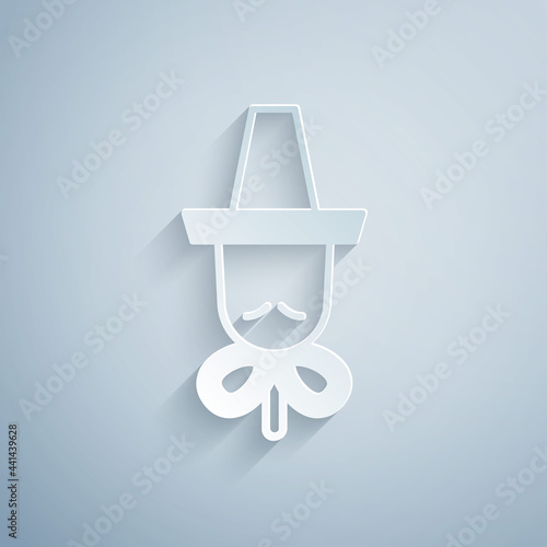 Paper cut Traditional korean hat icon isolated on grey background. Paper art style. Vector