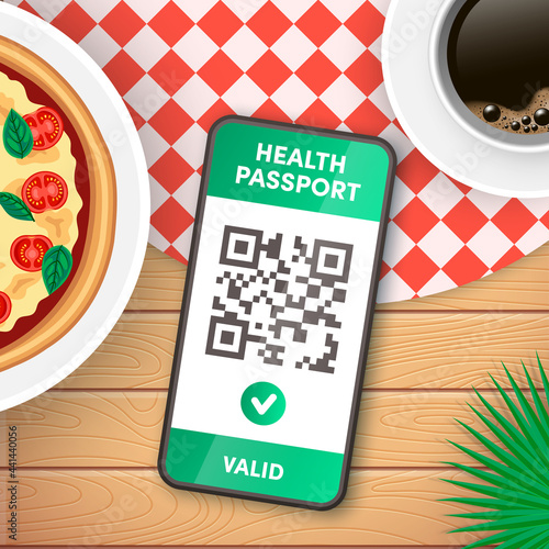 Electronic Covid-19 immunity passport QR code on smartphone screen vector concept. Vaccination or negative coronavirus test green valid certificate on mobile phone. Health pass app for safe tourism