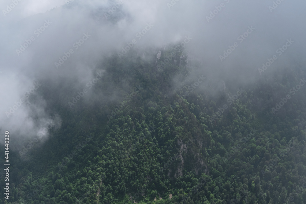 Forest and mountains in fog in cloudy weather. Beautiful landscape of National Park of Russia top view from drone. Dark thundercloud envelops green coniferous forest and sharp peaks of mountains. Forest and mountains in fog in cloudy weather. Beautiful landscape of National Park of Russia top view from drone. Dark thundercloud envelops green coniferous forest and sharp peaks of mountains.