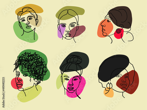 Faces and figures of women, drown in one line. Beautifull minimalistic illusrtation. Abstract colored spots for decorating