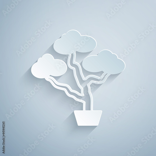 Paper cut Japanese bonsai tree icon isolated on grey background. Japanese culture, horticulture, olericulture hobby concept. Paper art style. Vector