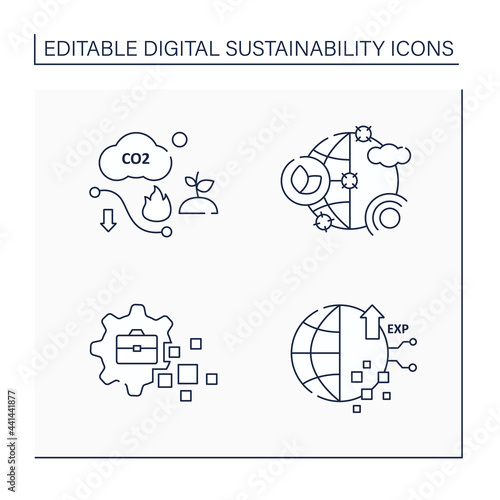 Digital sustainability line icons set. Climate change goals, business transformation, experience, carbon efficiency.Digitalization concept.Isolated vector illustrations.Editable stroke