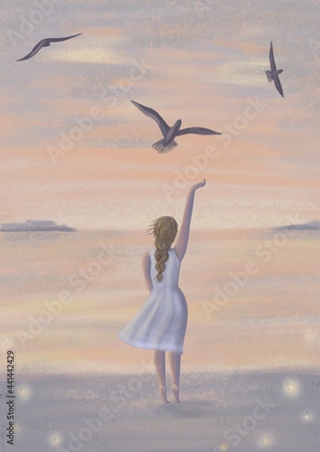 Young woman looking at sunrise on the sea from behind 