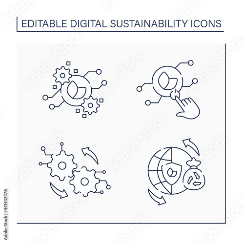 Digital sustainability line icons set. Sustainable lifestyles, green IT, operation. Planet protection.Digitalization concept.Isolated vector illustrations.Editable stroke