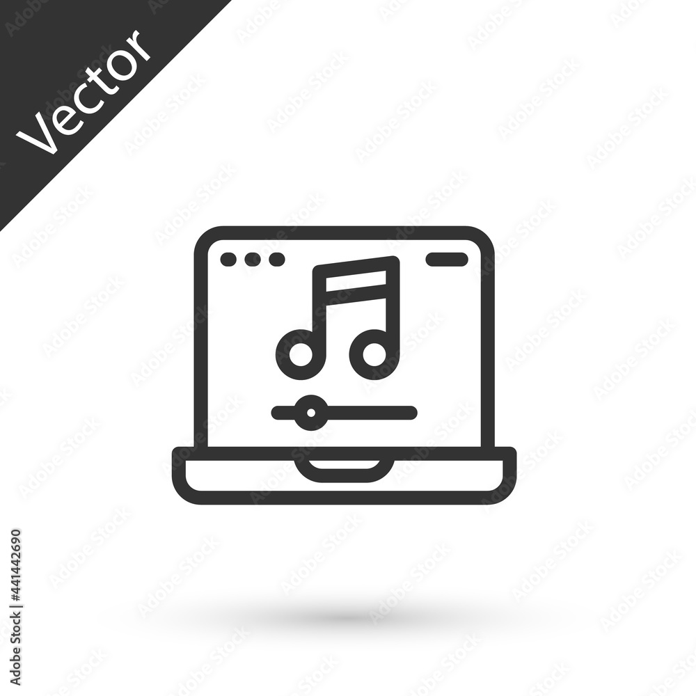 Grey line Laptop with music note symbol on screen icon isolated on white background. Vector Grey line Laptop with music note symbol on screen icon isolated on white background. Vector