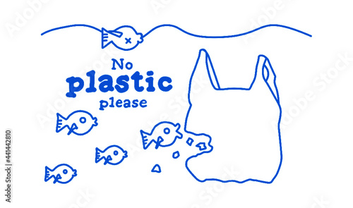 A plastic bag floats in the sea. Fish swallow microplastic and die. Vector with english text: no plasic please.