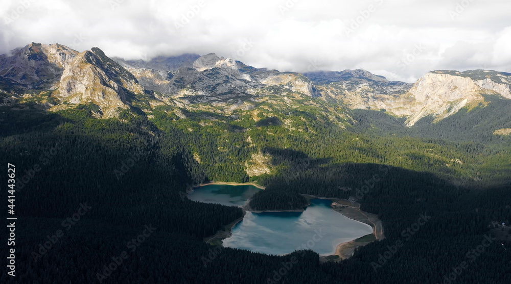 Aerial view a bewitching view of a mountain lake with forest
