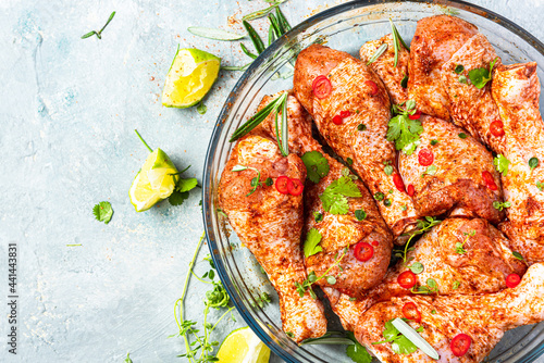 Slika na platnu Raw Chicken Poultry Drumsticks in Marinate for BBQ Grill