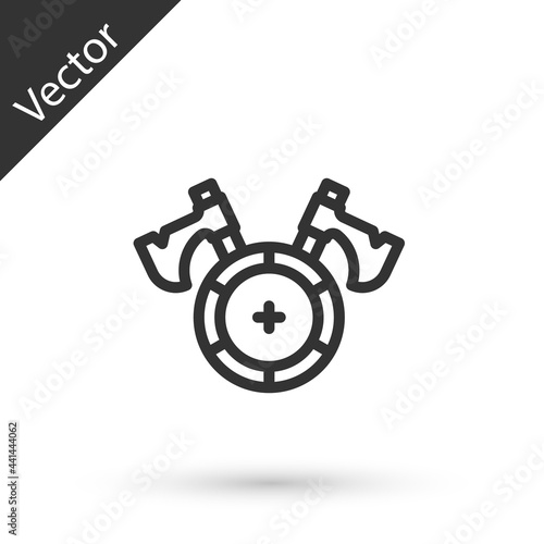 Grey line Medieval shield with crossed axes icon isolated on white background. Battle axe, executioner axe. Vector