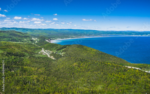 View on the coast of Gaspesie and the Atlantic ocean from the Percé Unesco Geopark, near the famous Percé rock in Quebec (Canada)