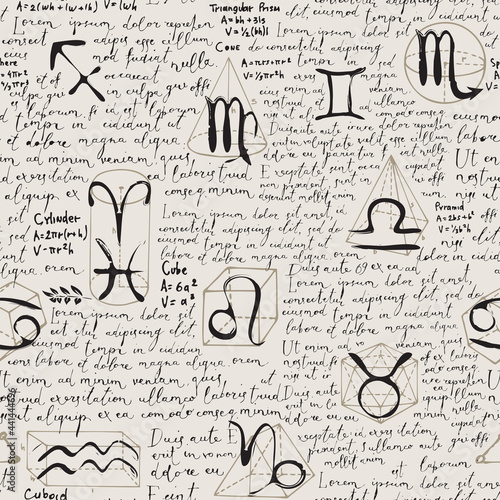 Abstract seamless pattern with zodiac signs, black handwritten text Lorem ipsum and hand-drawn geometrical figures. Vector repeating background in the style of sketches from the diary of an astrologer