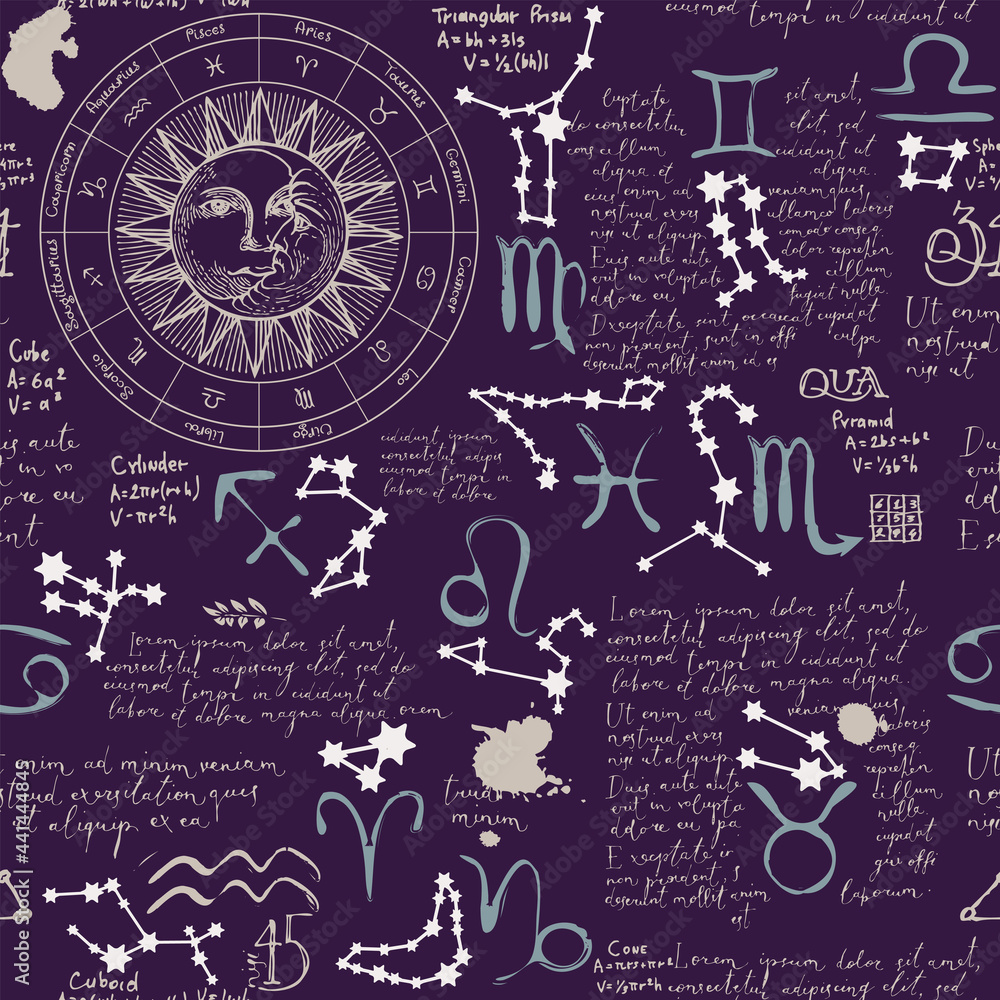 Abstract seamless pattern on theme of zodiac and horoscopes in retro style on dark backdrop. Vector background with hand-drawn zodiac circle, handwritten text Lorem ipsum, sun, moon and constellations Abstract seamless pattern on theme of zodiac and horoscopes in retro style on dark backdrop. Vector background with hand-drawn zodiac circle, handwritten text Lorem ipsum, sun, moon and constellations