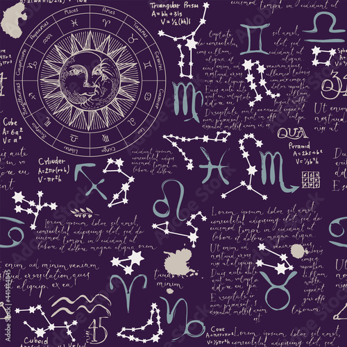 Abstract seamless pattern on theme of zodiac and horoscopes in retro style on dark backdrop. Vector background with hand-drawn zodiac circle, handwritten text Lorem ipsum, sun, moon and constellations