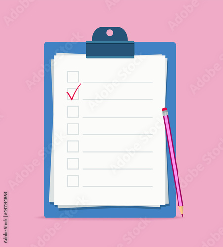 Vector illustration of clipboard with checklist. Pink background.