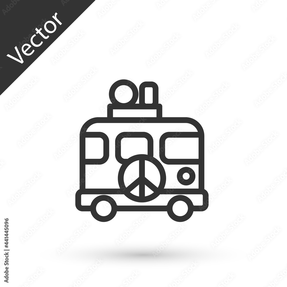 Grey line Hippie camper van icon isolated on white background. Travel by vintage bus. Tourism, summer holiday. Vector Grey line Hippie camper van icon isolated on white background. Travel by vintage bus. Tourism, summer holiday. Vector