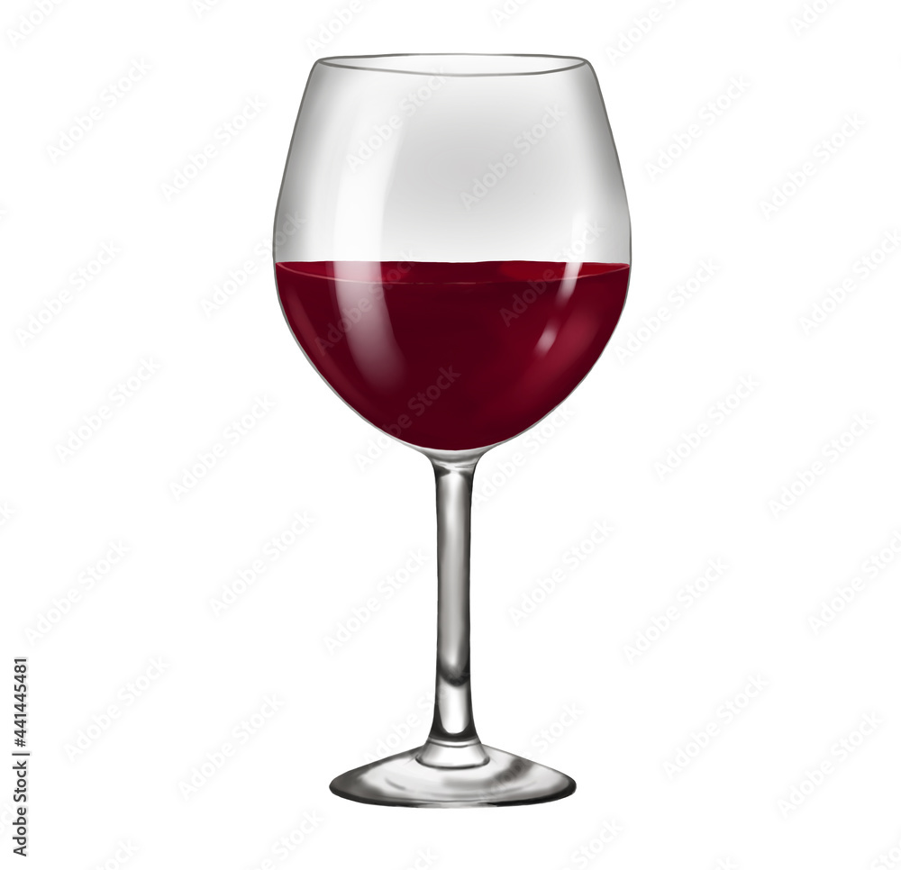 Glass wine goblet with red liquid with it. Alcoholic drink, wine. Digital illustration isolated on a white background.