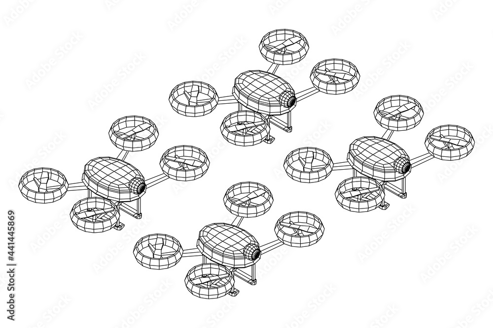 Drone flying with action video camera. Wireframe low poly mesh vector illustration Drone flying with action video camera. Wireframe low poly mesh vector illustration