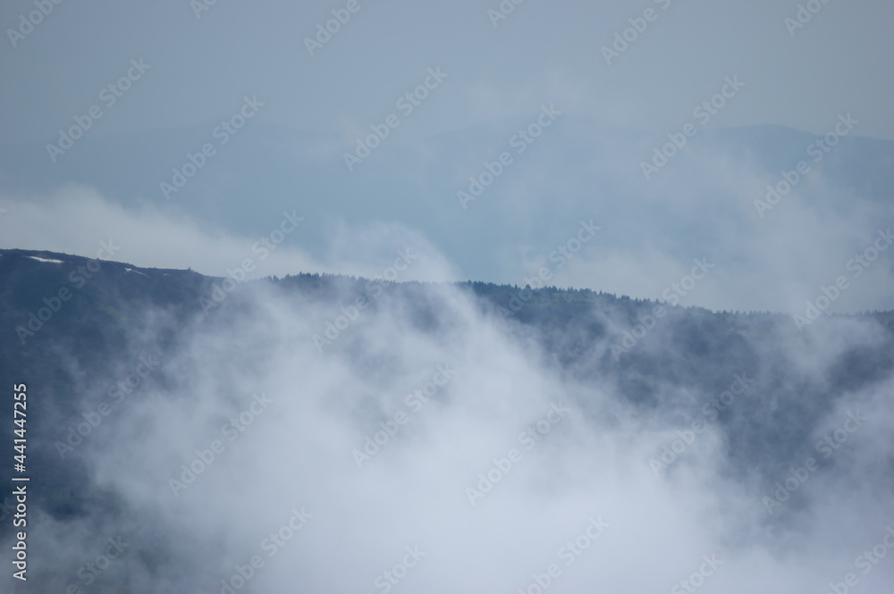 Fog on a mountain range in the Carpathian mountains