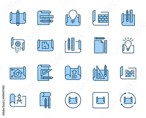 Blue print set line icons in flat design with elements for web site design and mobile apps.  Collection modern infographic logo and symbol. House vector line pictogram