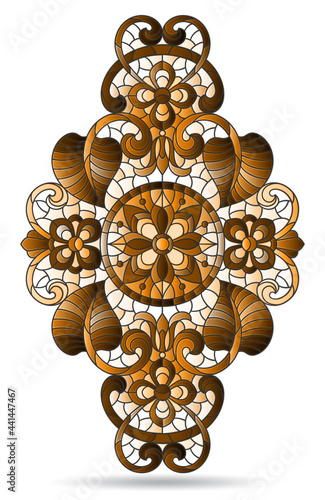 Illustration in the style of a stained glass window with an abstract floral element, brown composition is isolated on a white background