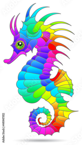 An illustration in the style of a stained glass window with a bright seahorse, an animal isolated on a white background
