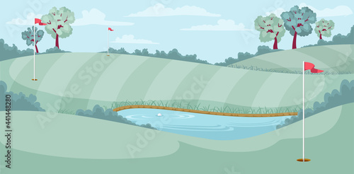 Landscape of the golf course. Green field, lake, and hills of golf club with flag and hole. Fairway, bunker, and water hazard. Colourful vector illustration. Cartoon style 