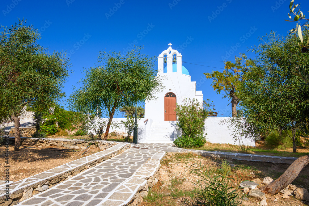 Whitewashed Greek orthodox church in Piso Livadi on Paros Island, Cyclades, Greece