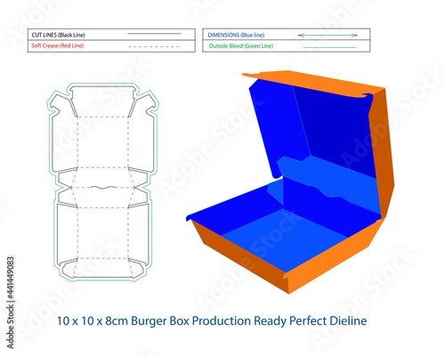 Hamburger box dieline Fast Food Burger Box And Die-cut template Self Asembly Eco-friendly, No Glue Needed box