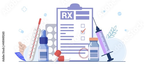 RX medical prescription drug vector illustration concept Medicine prescription with medicines Prescription form Doctor writes signature in recipe Disease therapy pills Pharmacy control of business