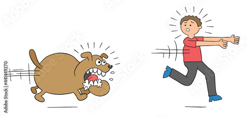 Cartoon angry dog chases man and man runs away, vector illustration