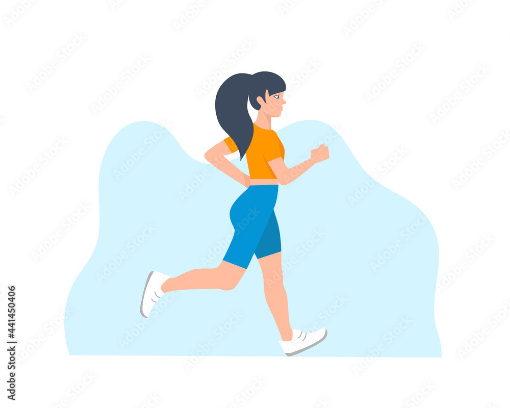 The girl of an athletic physique is jogging. A girl in blue shorts and a yellow T-shirt is running. Vector flat illustration.