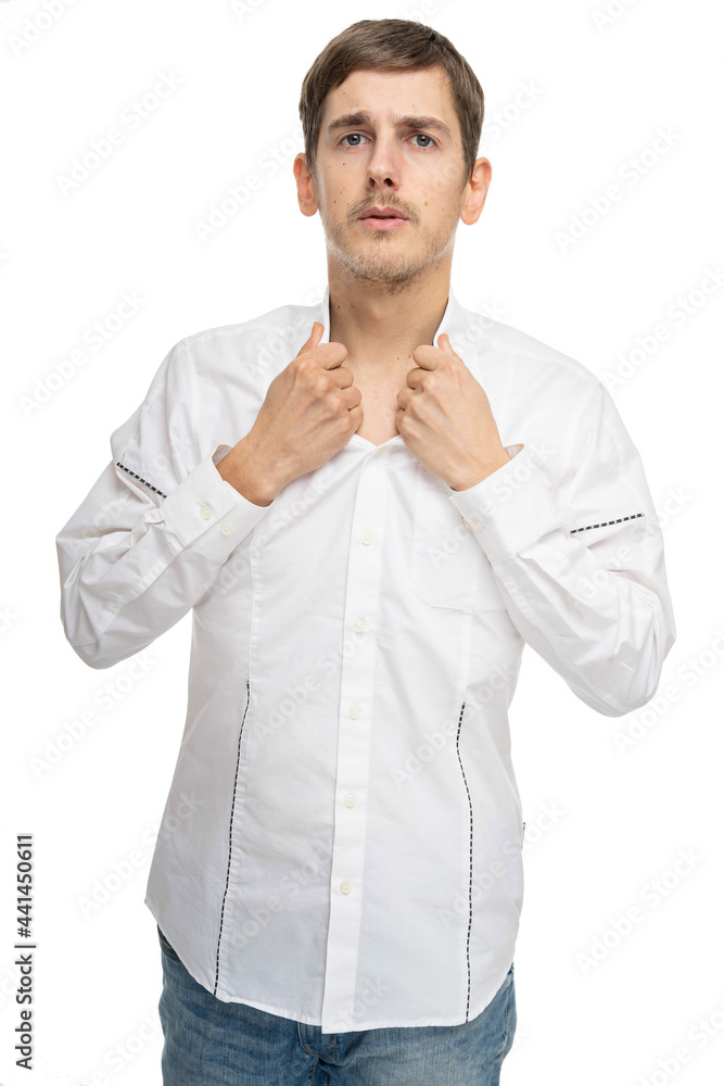 Young handsome tall slim white man with brown hair holding his collar in white shirt isolated on white background Young handsome tall slim white man with brown hair holding his collar in white shirt isolated on white background